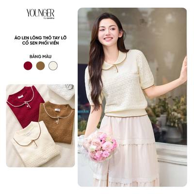 Áo len nữ CARDINA tay lỡ cổ sen phối viền 5YALC03