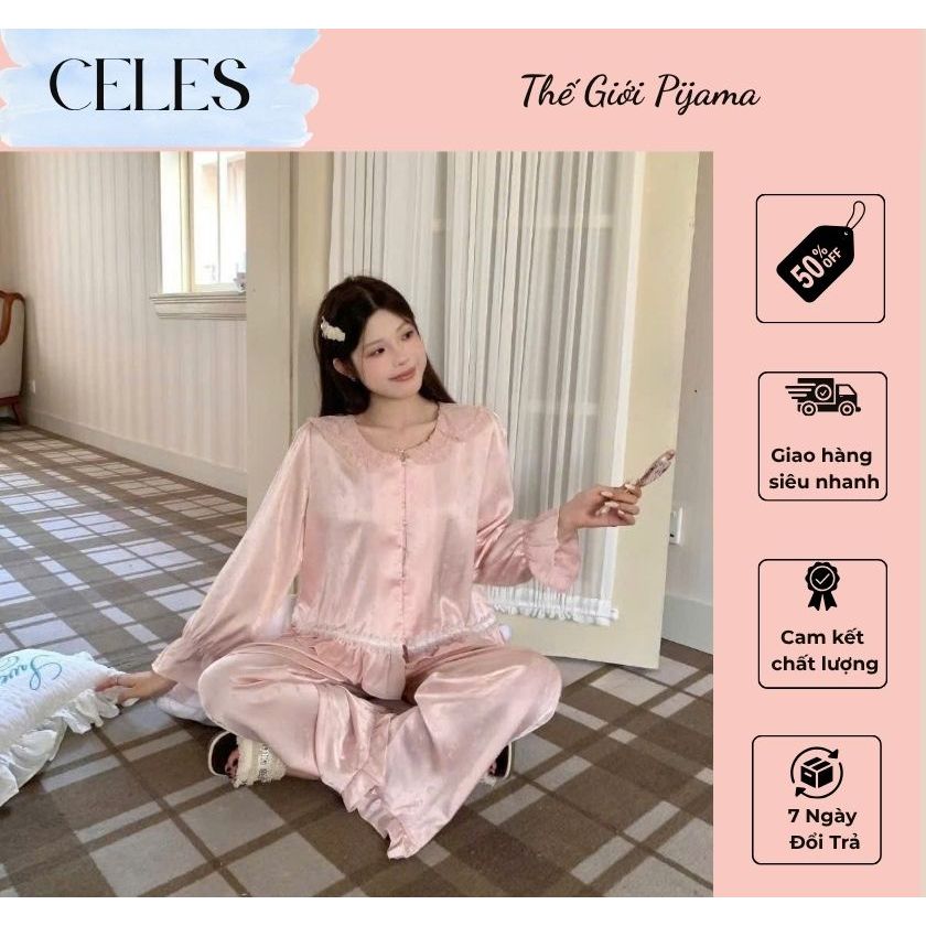 Bộ lụa pyjama mặc nhà chất liệu lụa hàn băng hàng cao cấp Celes SLeep Wear-CC04