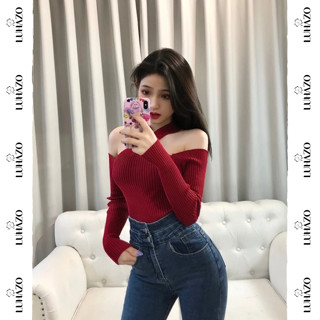  Áo len trễ vai nữ tay dài LUHAZO chất gân đẹp dệt kim kiểu vắt cổ form vừa tiểu thư sang tôn dáng Hàn Quốc dày dặn C1-3 