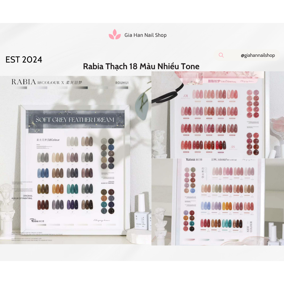 Set 18 màu Rabia nhiều ton màu, set sơn 18 màu thạch Rabia (tặng kèm bảng màu) - GIA HAN Nail