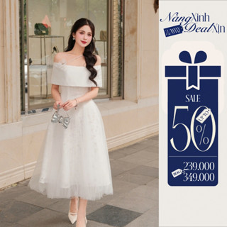 ZAMY SHOP – Váy TK Zen Phối Voan Dáng Dài Trễ Vai Bản Có Dây Vắt Chéo Tiểu Thư Dịu Dàng, Thanh Lịch