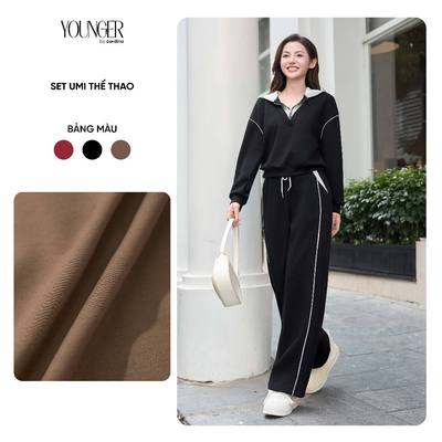 Đồ bộ nữ YOUNGER BY CARDINA tách sét vải umi kiểu dáng thể thao áo phối mũ quần suông 5YANF24,5YQDT24