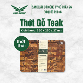  Thớt gỗ Teak Vibasic ghép dựng block kích thước 350x250x27mm có lỗ treo dùng để cắt thái 