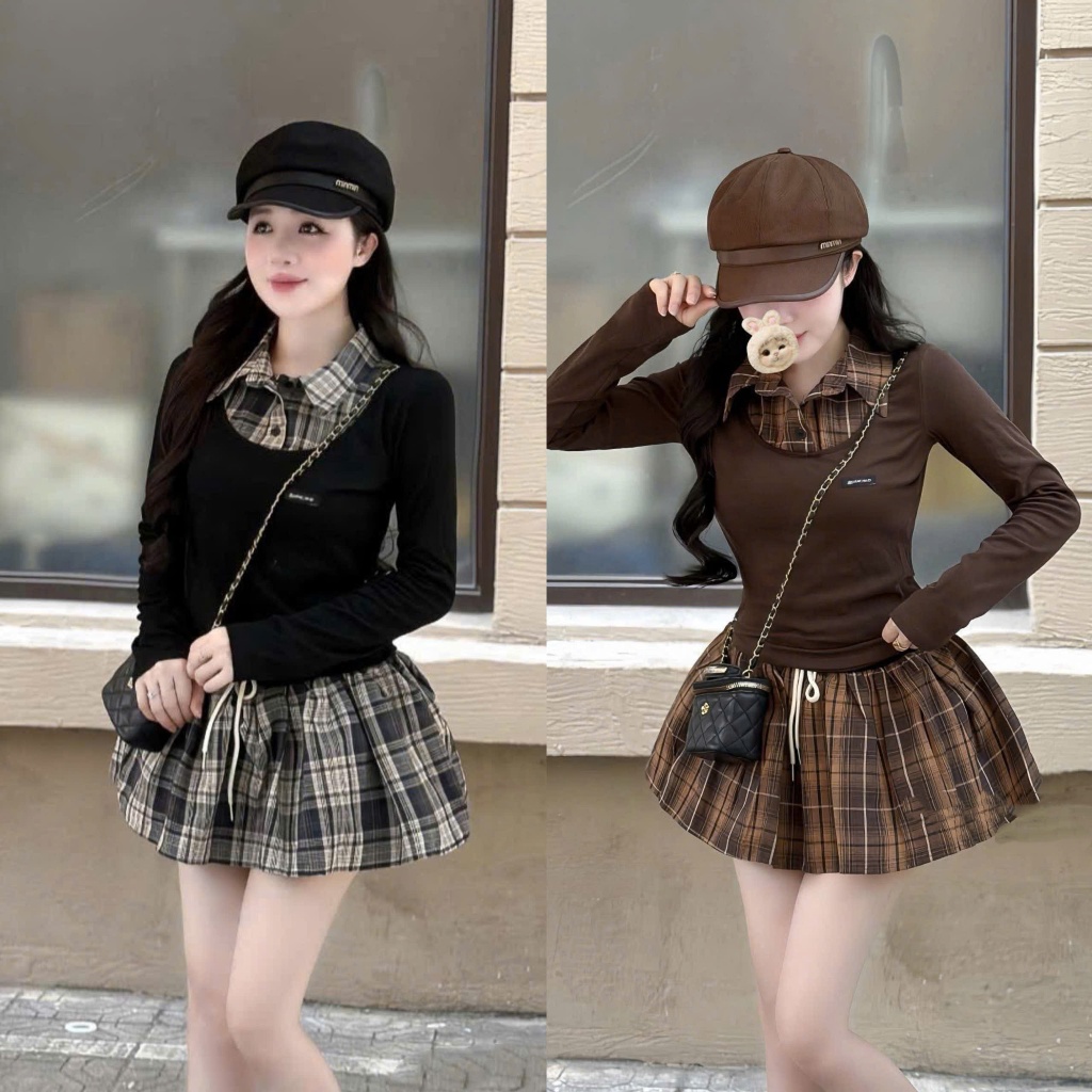 (Set 2 Món) Sét Áo Zip Thun Co Giãn Mix Chân Váy Thô Phối Kẻ  Đồng Điệu Kèm Quần Bí _Ảnh Thật Lolaye