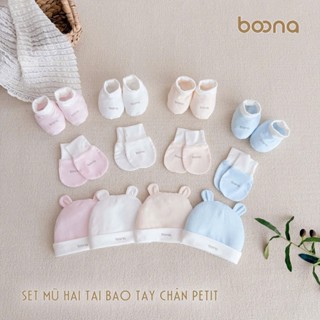 Set bao tay, bao chân kèm mũ tai Boona cho bé sơ sinh chất liệu petit co giãn tốt, giữ ấm cho bé