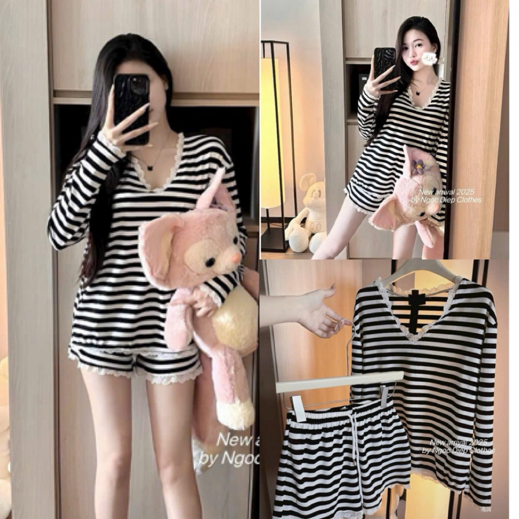 Set Bộ Nữ , Set Bộ Kẻ Tăm Gân Cổ Tim Ren Xinh B88