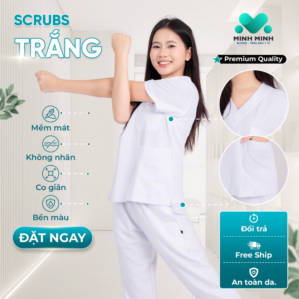 Bộ blouse, scrubs y tế mềm mát, không nhăn, thấm hút mồ hôi, áo cổ tim, phẫu thuật, bác sĩ, spa, dược sĩ  MÀU TRẮNG