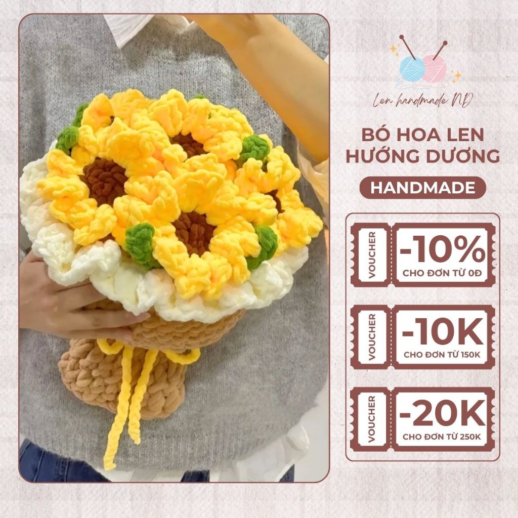 [Tặng túi + thiệp]Bó Hoa Len Hướng Dương –  Quà Tặng Tốt Nghiệp, Sinh Nhật, Valentin, 8/3Ý Nghĩa, Trang Trí(25x28cm)