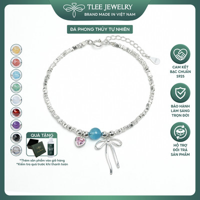 Lắc tay bạc nữ TLEE hạt bạc vỡ đá phong thủy Tự Nhiên treo charm nơ thắt và trái tim đá hồng TLEE JEWELRY LT0478