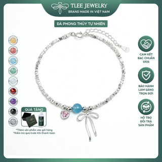 Lắc tay bạc nữ TLEE hạt bạc vỡ đá phong thủy Tự Nhiên treo charm nơ thắt và trái tim đá hồng TLEE JEWELRY LT0478