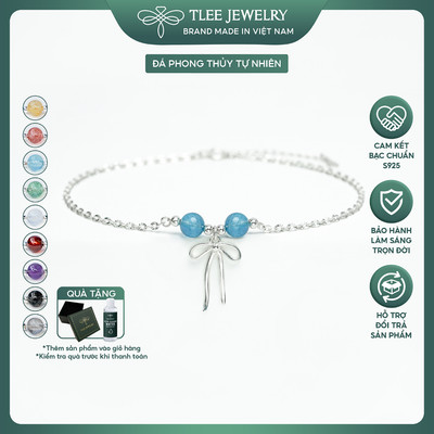 Lắc chân bạc nữ TLEE dây hoa charm nơ thắt đinh 2 viên đá phong thủy Tự Nhiên TLEE JEWELRY LC0144