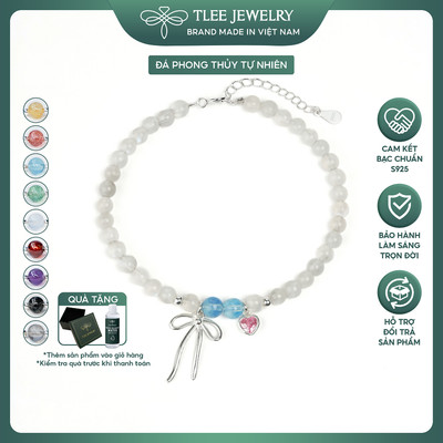 Lắc tay bạc nữ TLEE đá mặt trăng kết hợp đá đôi phong thủy tự nhiên treo charm nơ thắt tim đá hồng TLEE JEWELRY LT0477