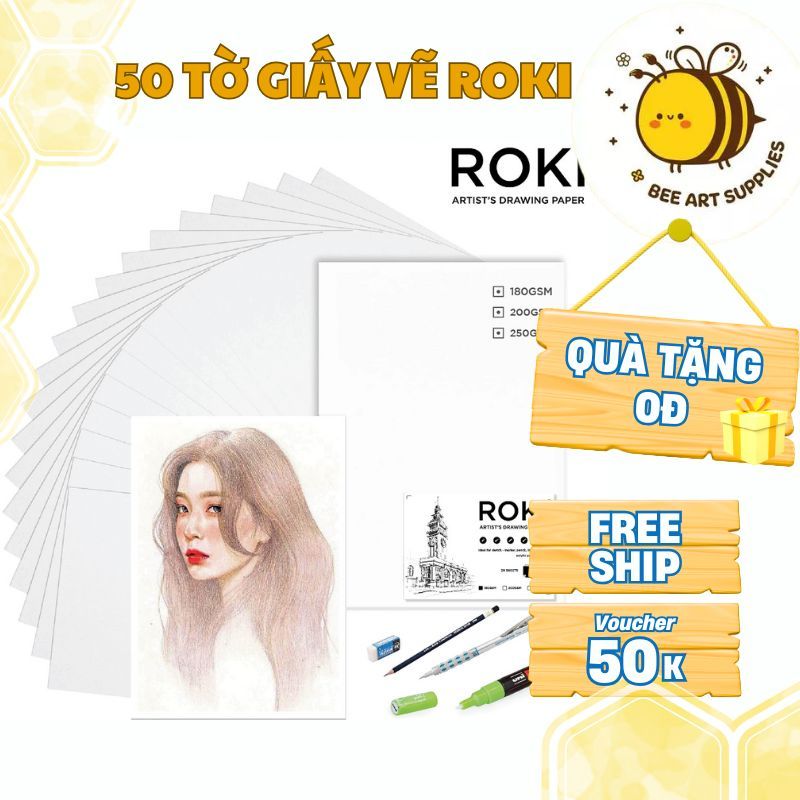  Giấy Vẽ ROKI 50 Tờ A4 A3 – Giấy Vẽ Chì Mỹ Thuật Phác Thảo Truyền Thần Marker Màu Nước Cao Cấp - Beeart 