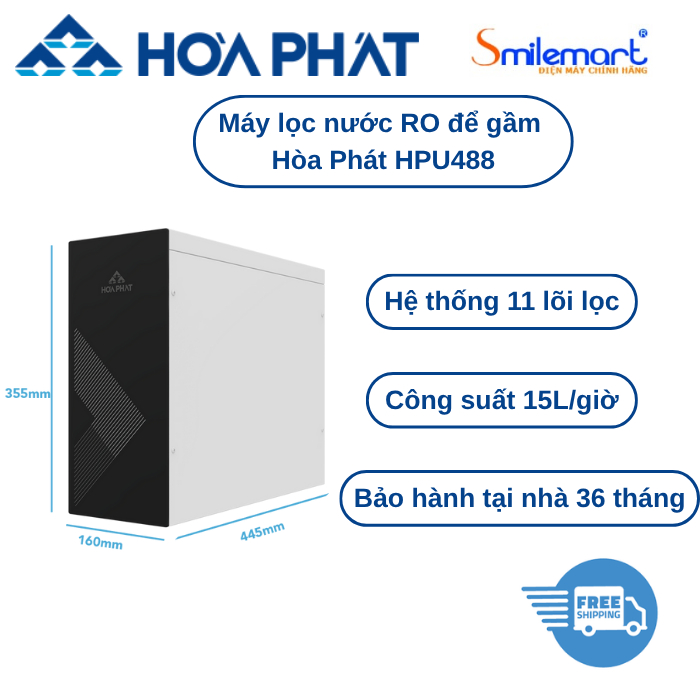 Máy lọc nước RO Hòa Phát để gầm HPU488 (11 lõi, có vỏ) để gầm nhỏ gọn, tiện lợi - Bảo hành tại nhà 36 tháng.