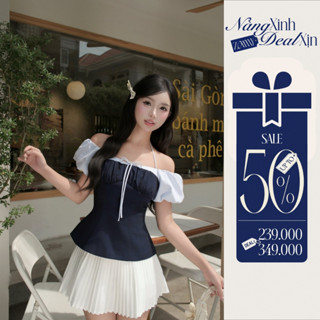  ZAMYSHOP - Áo thiết kế trễ vai phối kẻ áo xinh mặc đi chơi vibe tiểu thư nữ tính 