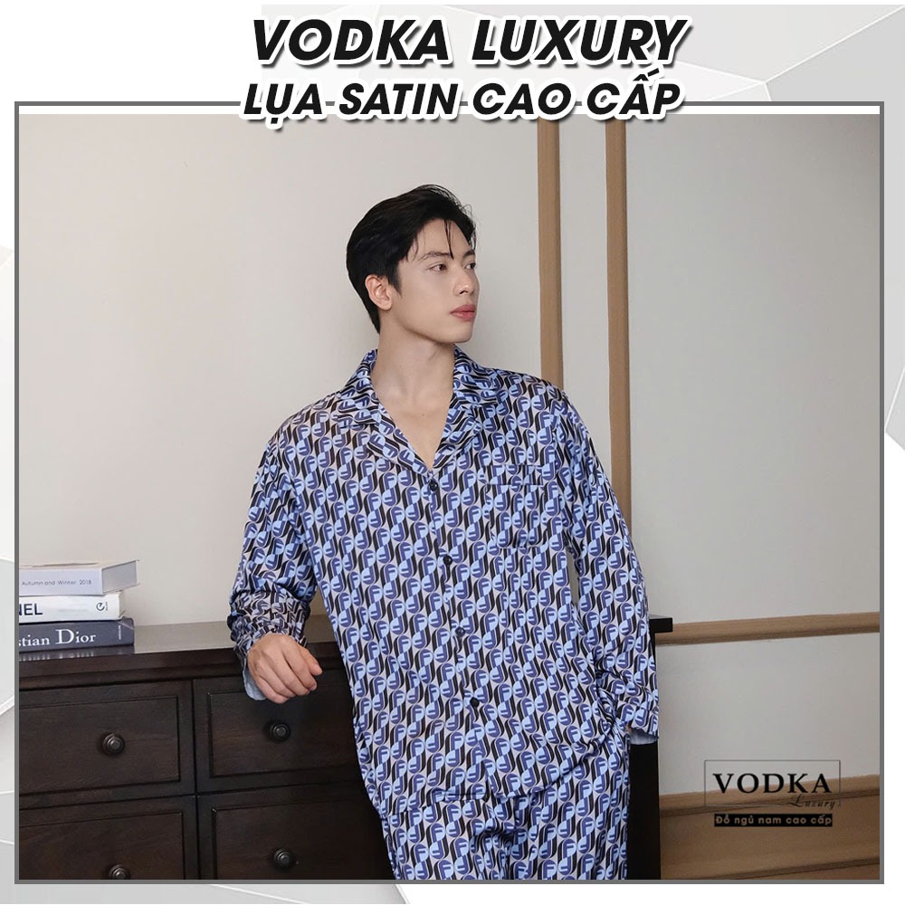 Đồ ngủ nam pijama nam chất lụa satin cao cấp màu xanh hoạt tiết in sắc nét FD16 - Vodka Luxury