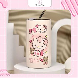  Ly Giữ Nhiệt Hello Kitty Màu Hồng Có Ống Hút Dung Tích 500ml Chất liệu Inox 304 Dễ Thương 