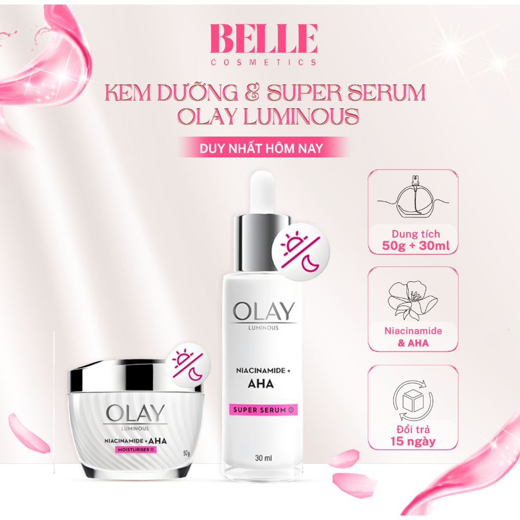 Kem Dưỡng Ẩm + Super Serum OLAY LUMINOUS NIACINAMIDE AHA Giúp Làm Sáng Da Và Mờ Thâm Mụn (50G + 30ML