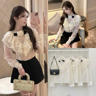 ( Hàng Chuẩn Ảnh ) Set Áo Ren Hoa Tay Dài Bèo Tầng Tiểu Thư Đính Hoa Trà Mix Chân Váy Đen Chữ A