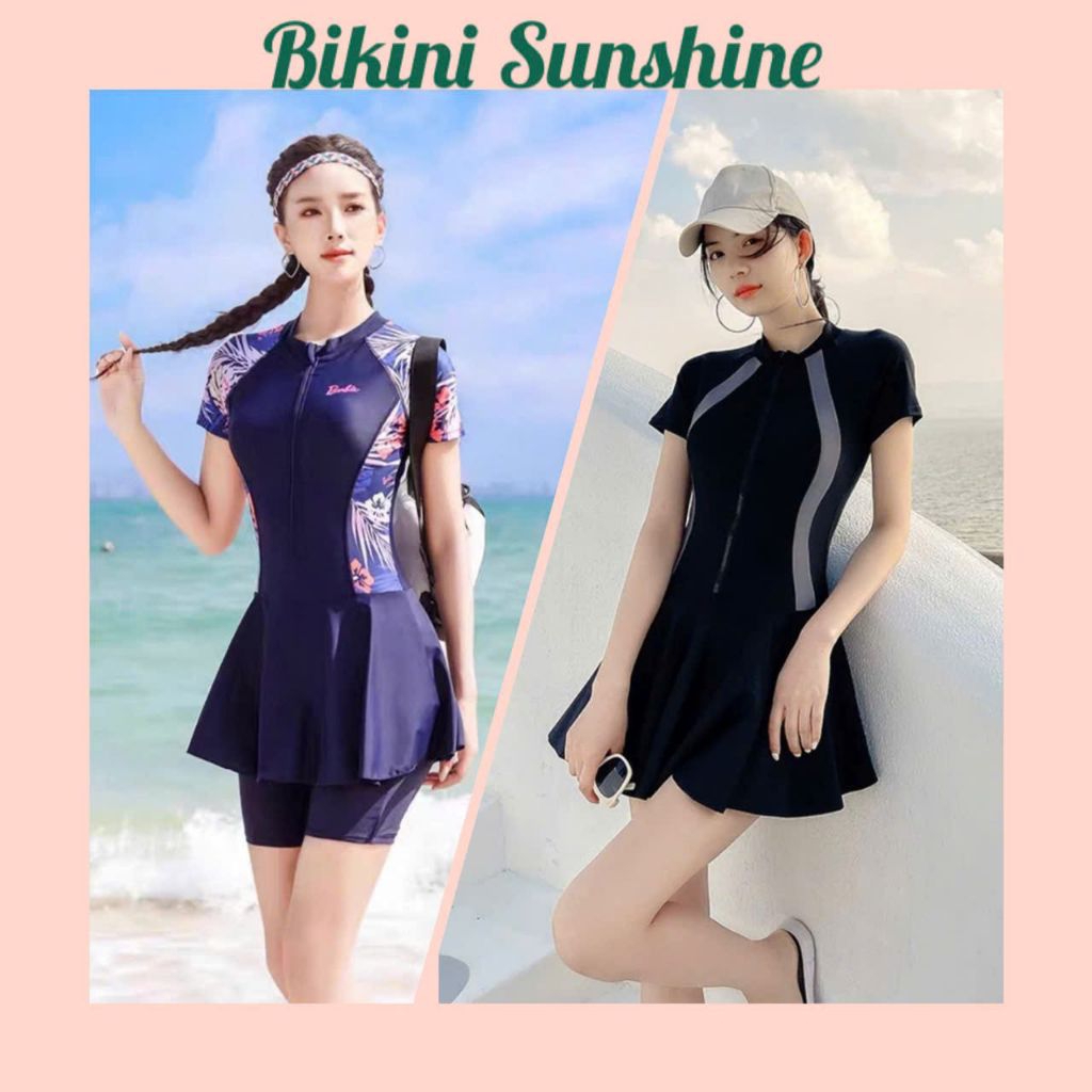 [Size 38-68kg] Bikini, đồ bơi nữ liền thân dây kéo phối xám form váy có quần bảo hộ đùi và lững kín đáo BIKINISUNSHINE V