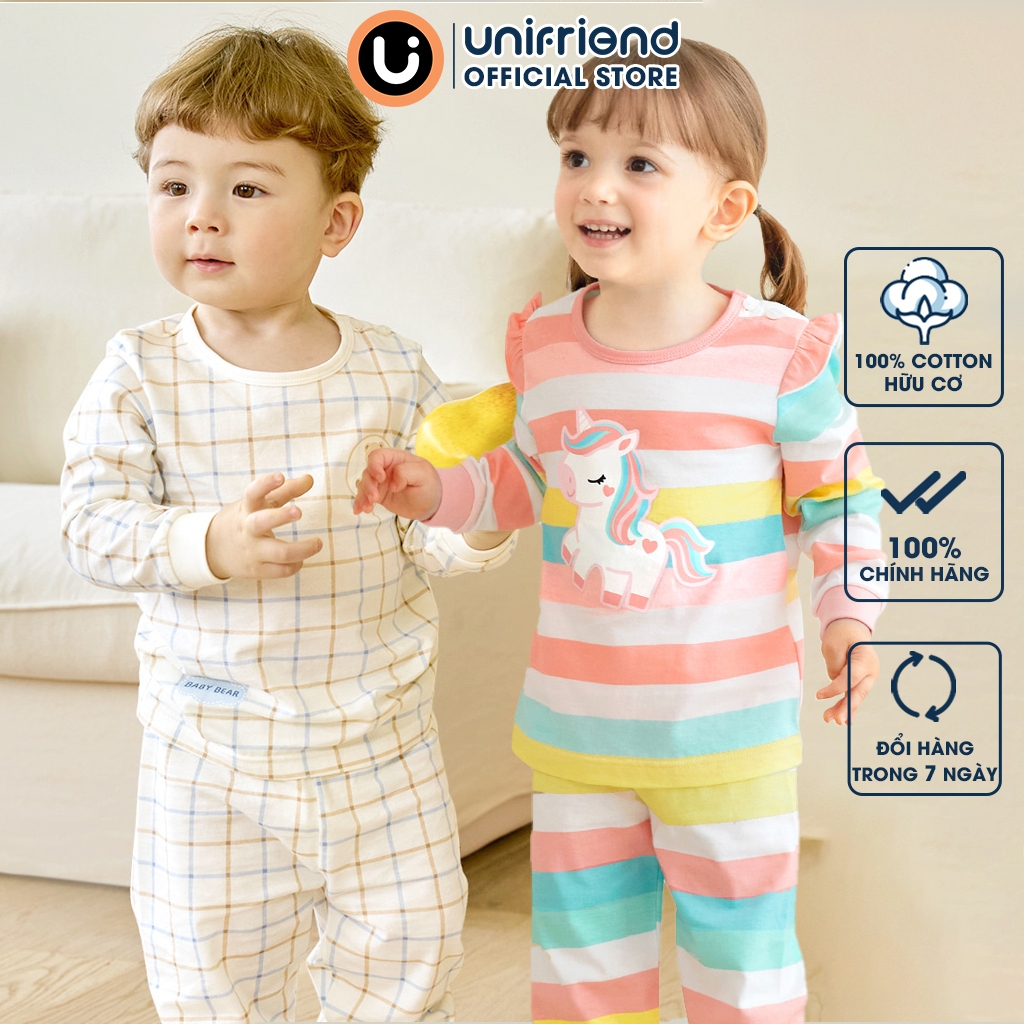  Đồ bộ ngủ tay dài quần áo thun cotton mặc nhà mùa hè thu dáng rộng cho bé trai và bé gái Unifriend Hàn Quốc U2024-49 