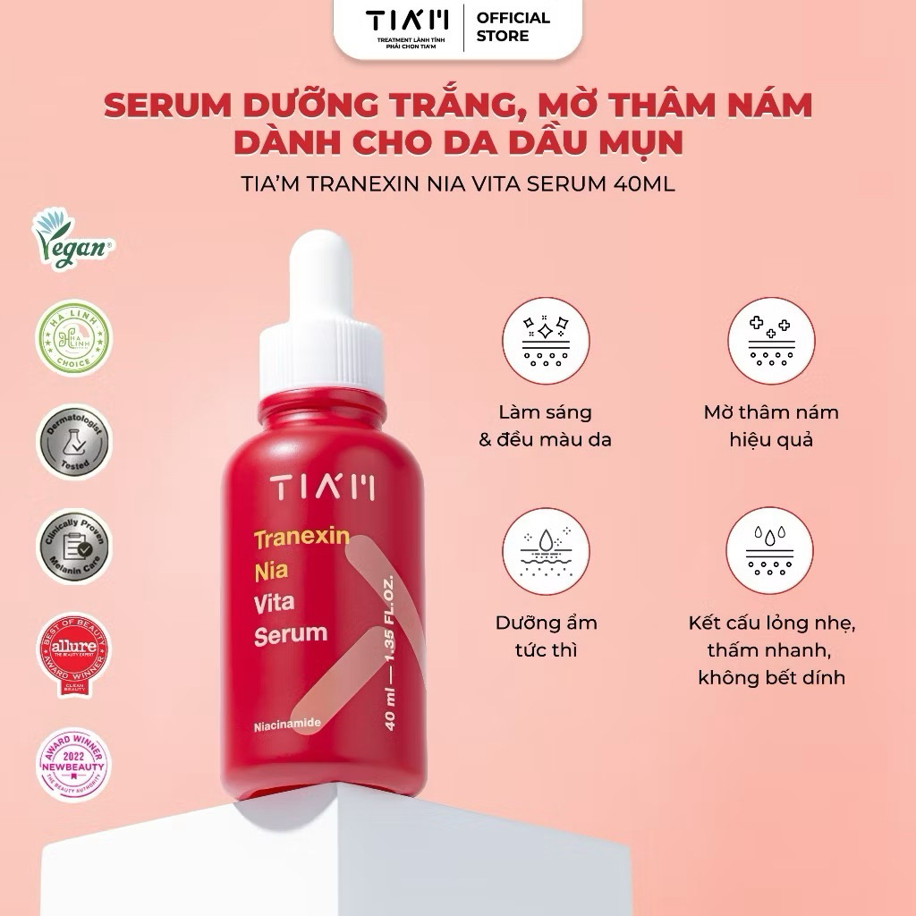 Serum Dưỡng Trắng, Mờ Thâm Nám Dành Cho Da Dầu Mụn Tia’m Tranexin Nia Vita Serum 40ml