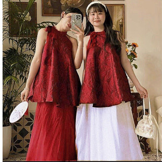 Set đầm áo gấm cổ yếm hoa trung thu cực xinh kèm chân váy voan dài cho nữ đi chơi dự tiệc sang trọng đầm tết xinh cho nữ