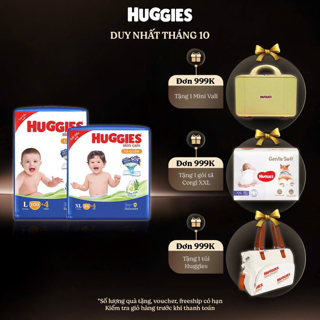 Tã quần Huggies M106/L104/XL88/XXL80 tràm trà làm dịu da ngừa hăm cho bé mua 2 tặng gấu, mua 3 tặng túi bỉm sữa