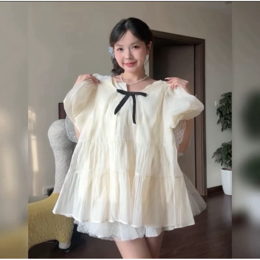 (Tặng kèm nơ) Áo nữ kiểu babydoll xoè tay bồng tiểu thư công chúa chất tơ xốp HA305 | BigBuy360 - bigbuy360.vn