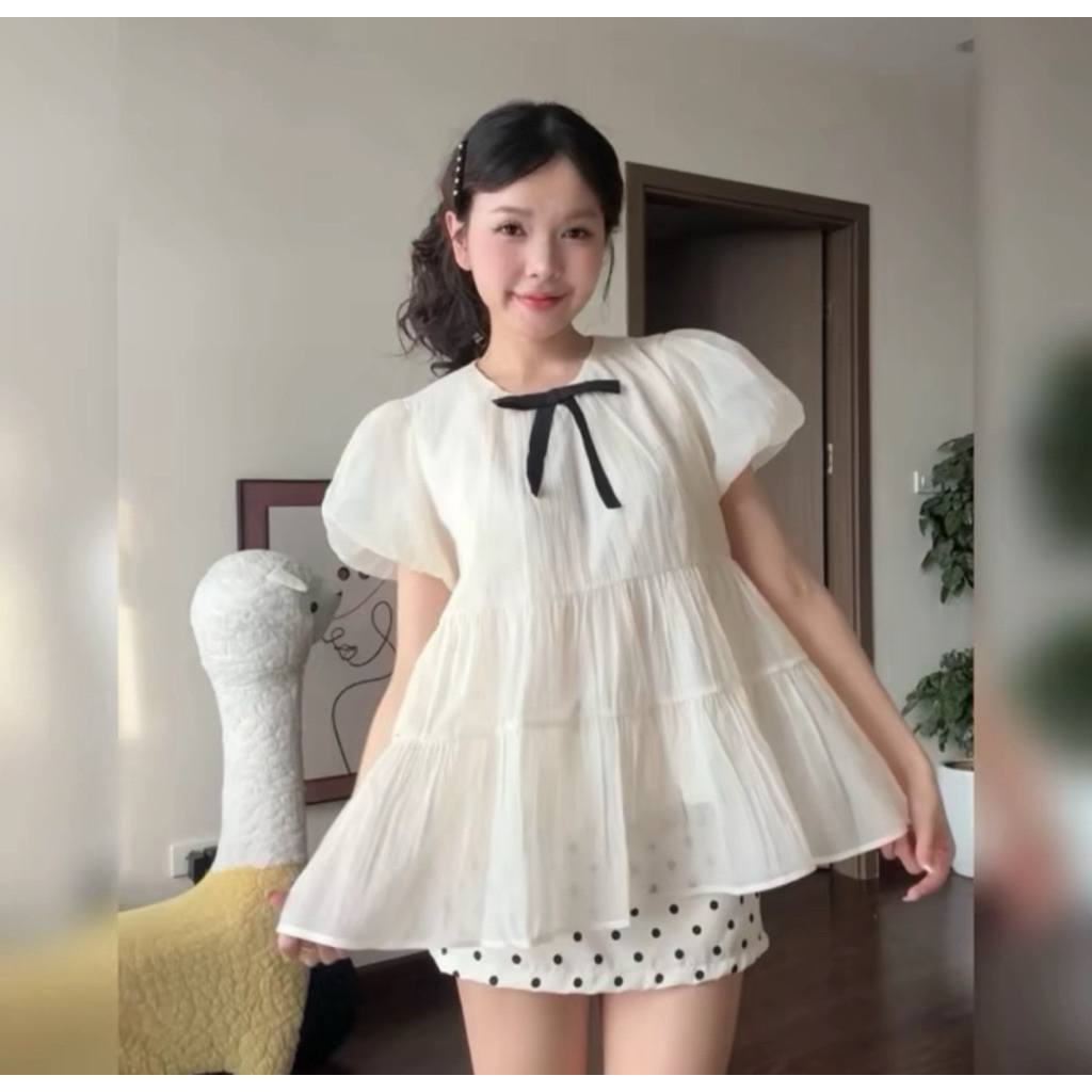 (Tặng kèm nơ) Áo nữ kiểu babydoll xoè tay bồng tiểu thư công chúa chất tơ xốp HA305 | BigBuy360 - bigbuy360.vn