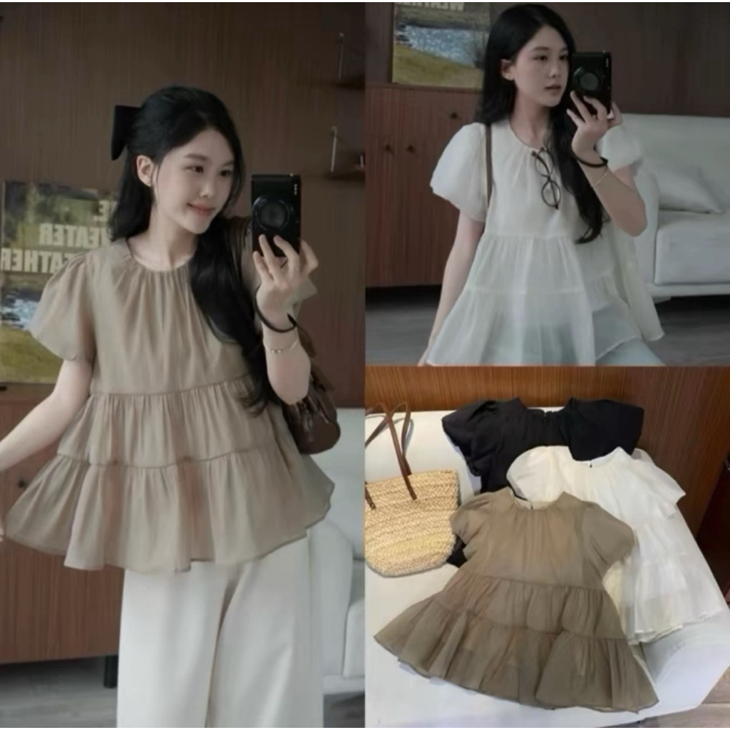 (Tặng kèm nơ) Áo nữ kiểu babydoll xoè tay bồng tiểu thư công chúa chất tơ xốp HA305 | BigBuy360 - bigbuy360.vn