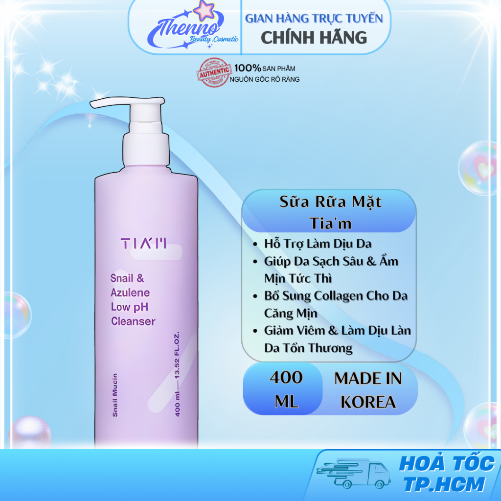 Sữa Rửa Mặt Dịch Lọc Ốc Sên Làm Dịu Và Phục Hồi Da Tia'm Snail & Azulene Low pH Cleanser 400ml