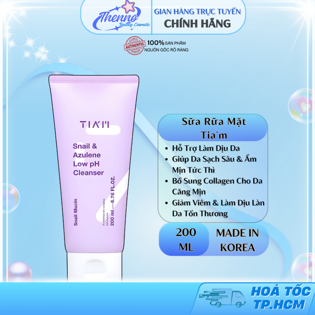 Sữa Rửa Mặt Dịch Lọc Ốc Sên Làm Dịu Và Phục Hồi Da Tia'm Snail & Azulene Low pH Cleanser 200ml