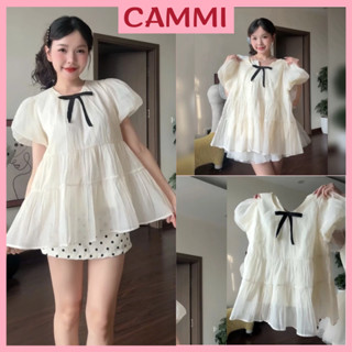   Tặng kèm nơ  Áo nữ kiểu babydoll xoè tay bồng tiểu thư công chúa chất tơ xốp HA305 