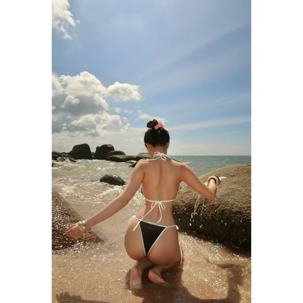Bikini áo tắm hai mảnh chấm bi đen viền màu sang chảnh cao cấp ( TMT Sẵn hàng che tên) | BigBuy360 - bigbuy360.vn