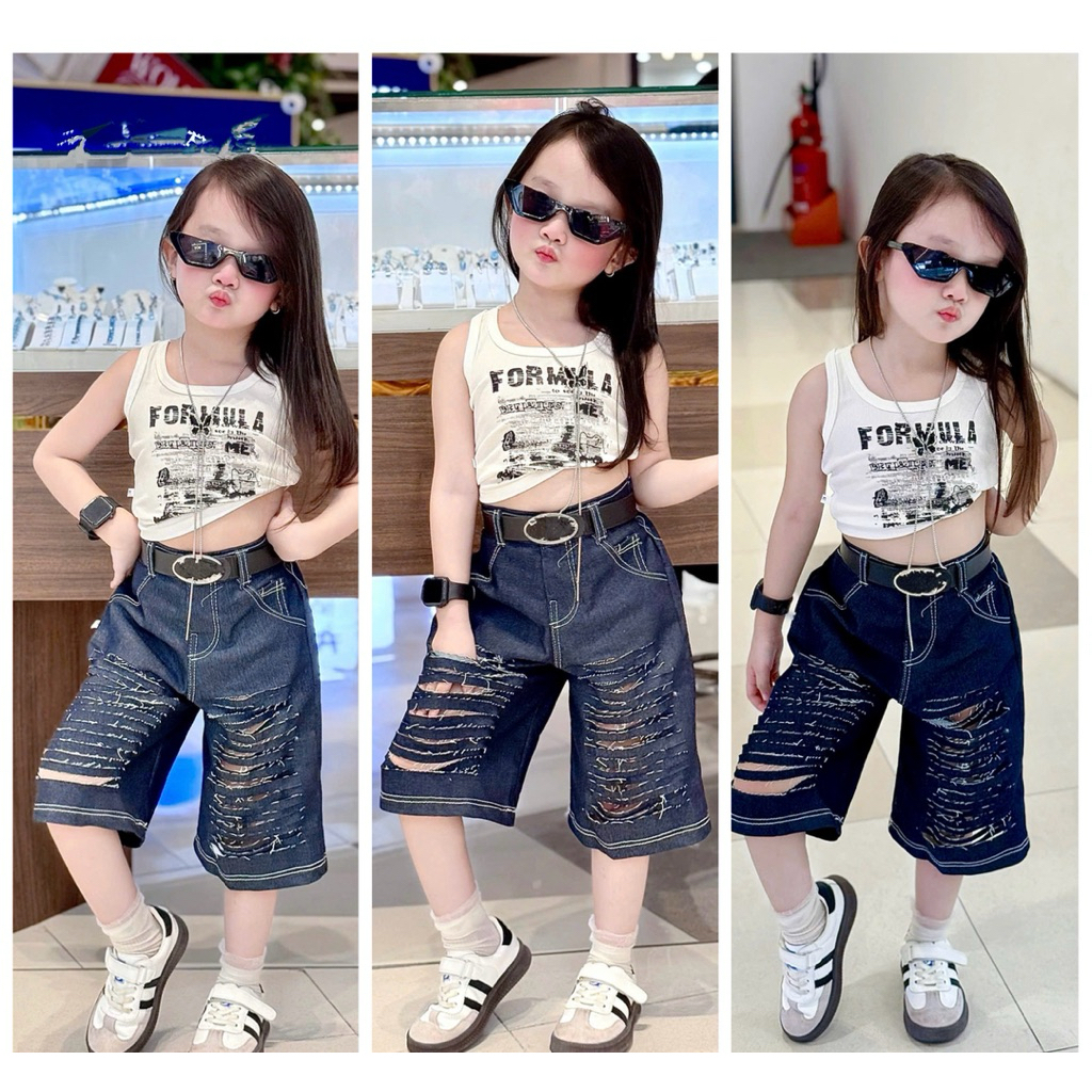 Bộ quần jeans lửng rách + ao ba lỗ khoét tặng kèm nịt cho bé gái