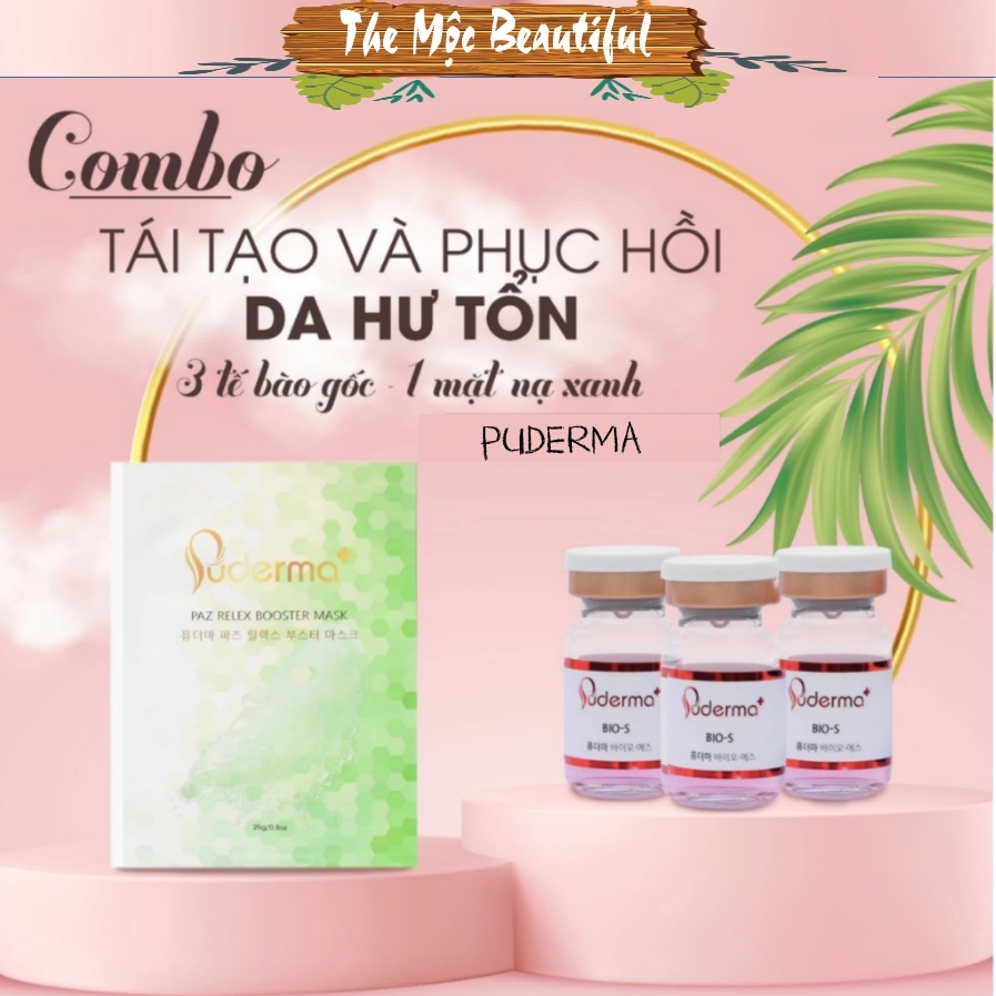 [Phục Hồi Da Yếu, Nổi Chỉ Máu, Da Nhiễm Corti] Combo Puderma: 1 hộp mặt nạ xanh và 3 tế bào gốc đỏ