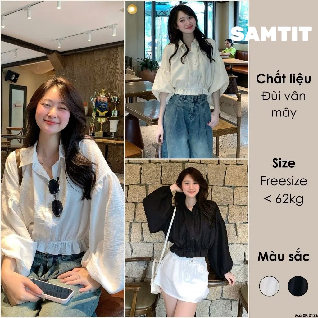 Áo Sơ Mi Dáng Croptop Tay Bồng Chun Dưới SAMTITCLOTHING MA3136