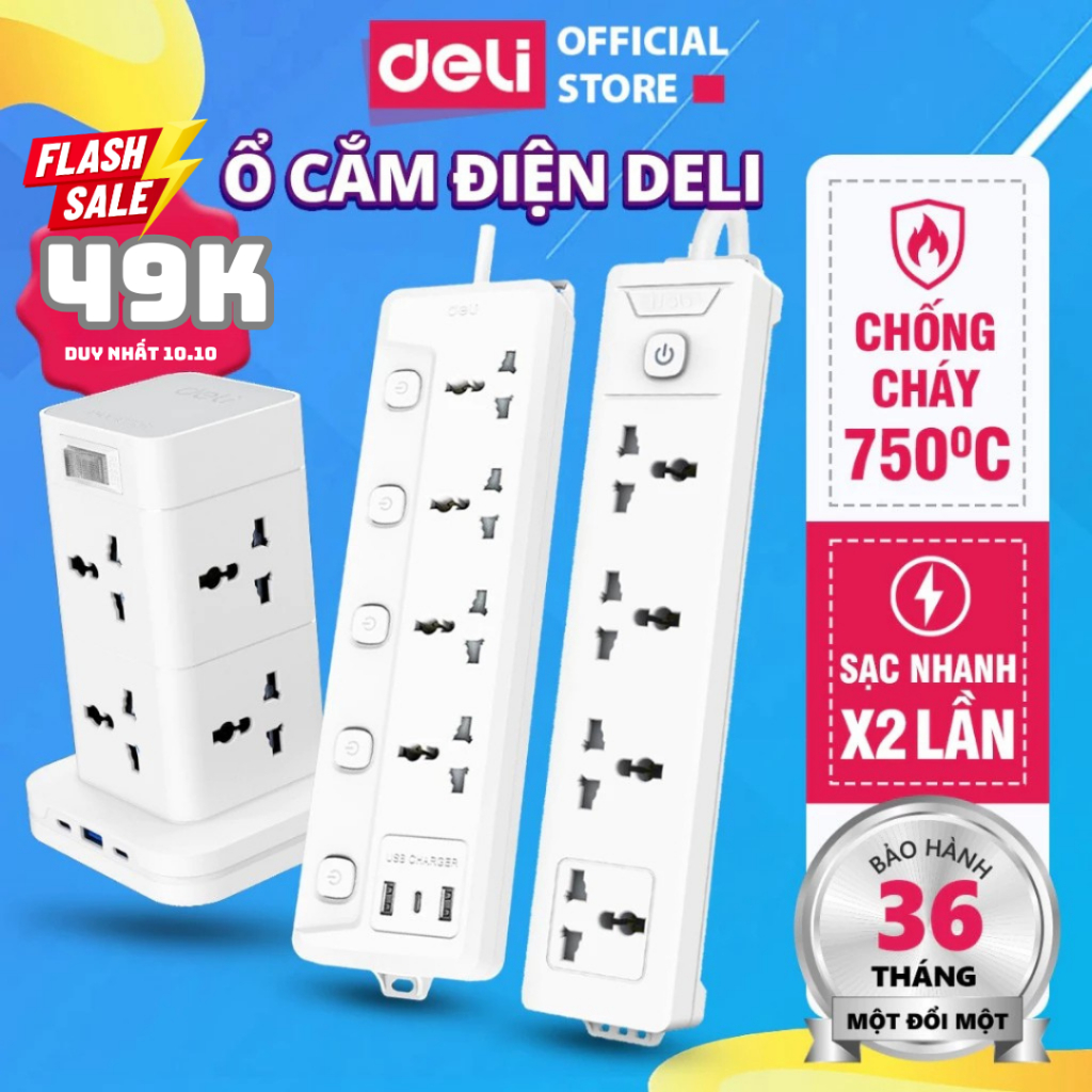 Ổ Cắm Điện DELI 2026 Đa Năng Sạc Nhanh 20W TypeC USB 2500W