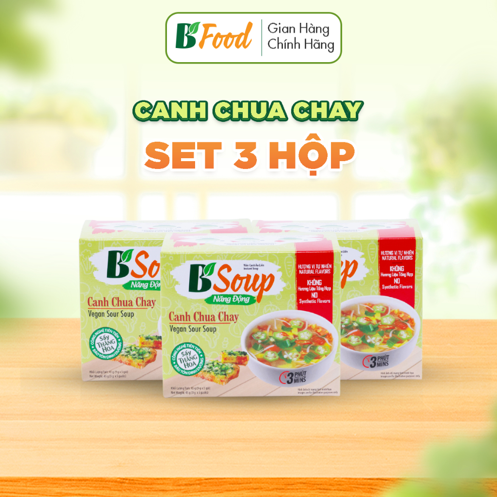 3 Hộp/ 15  Viên Canh Chua Chay Ăn Liền, sấy thăng hoa, thực phẩm tiện lợi nhanh chóng, B' Soup