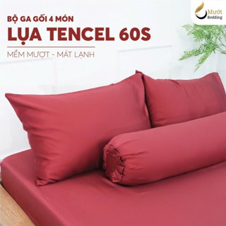 Bộ ga gối 4 món Lụa Tencel 60S Mướt Bedding cao cấp trơn màu, bao gồm 1 ga giường, 2 vỏ nằm, 1 vỏ ôm