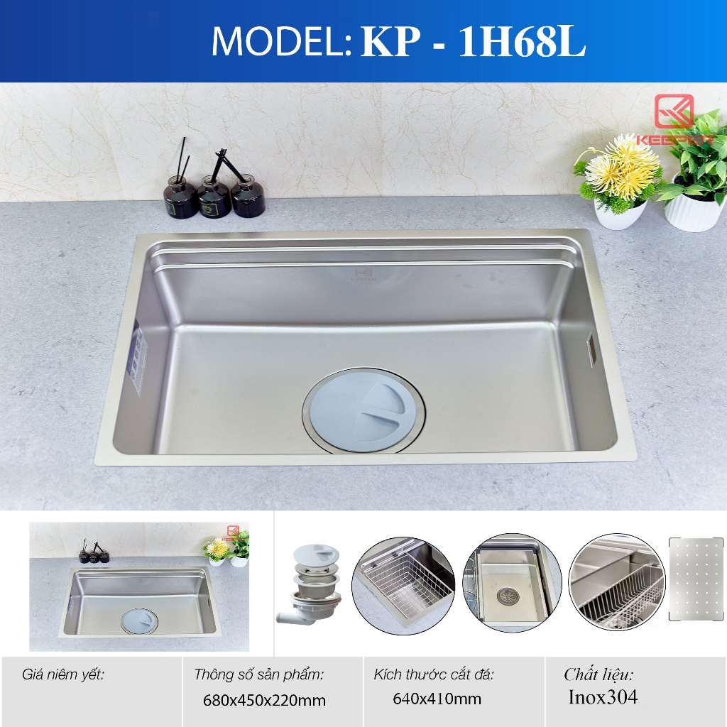 Chậu rửa bát Keeper KP-1H68L | Bồn rửa bát 1 hố âm Toàn phần | Tặng kèm vòi