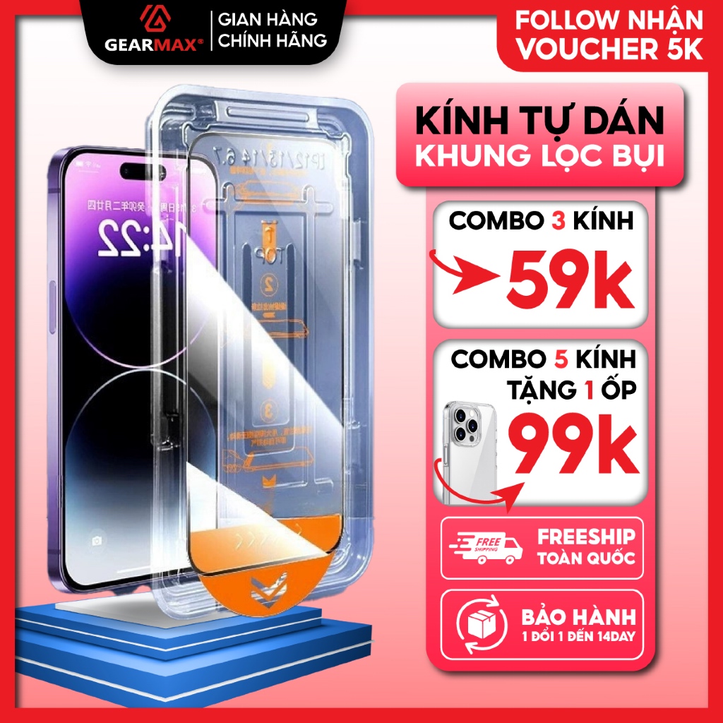 Kính cường lực Gearmax tự dán khung lọc bụi trong suốt cho iphonex/11/12/13/14/15/16/Pro/plus/Promax