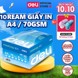 Thùng 10 Ream Giấy A4 Deli Giấy In Photo Copy 70gsm Chính Hãng Loại Dày 500 Tờ/ Ream Chống Lóa Giấy Mịn