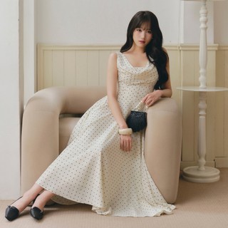  DARLING.ISM - Đầm dáng dài cổ drape chấm bi Seraphine Dress vải lụa cát màu trắng kem 