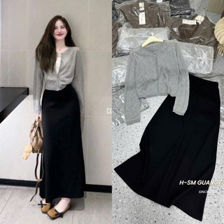  METWO. - Set áo khoác cardigan len xám hoa mỏng hoạ tiết QC kèm chân váy zip đen trơn maxi xoè dài ulzzang tiểu thư HQ 
