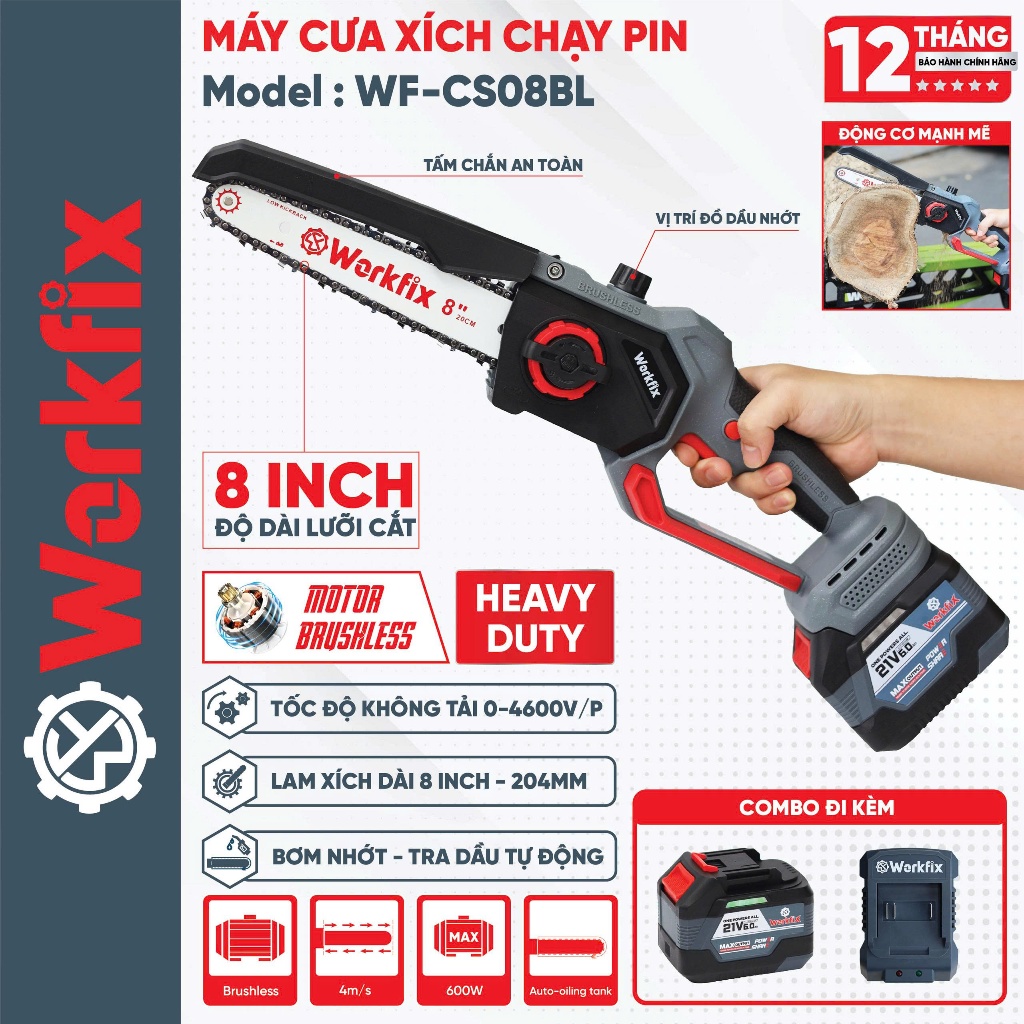 Máy cưa xích pin WORKFIX WF-CS08BL, Công suất 600w, Chiều dài lam xích: 08 inch, Không Chổi Than