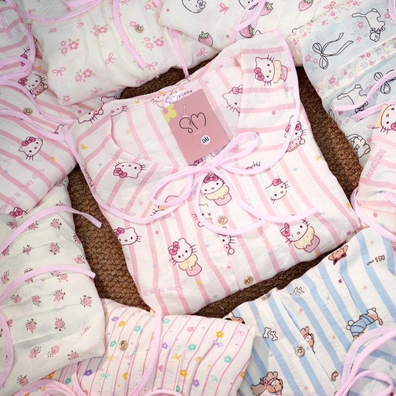 DÀI TAY Cổ SEN bộ ngủ nữ tiểu thư cổ sen vải đũi bông mây mùa hè mặc đi ngủ mát mẻ thoải mái Women Quần Ngủ Áo Ngủ | BigBuy360 - bigbuy360.vn
