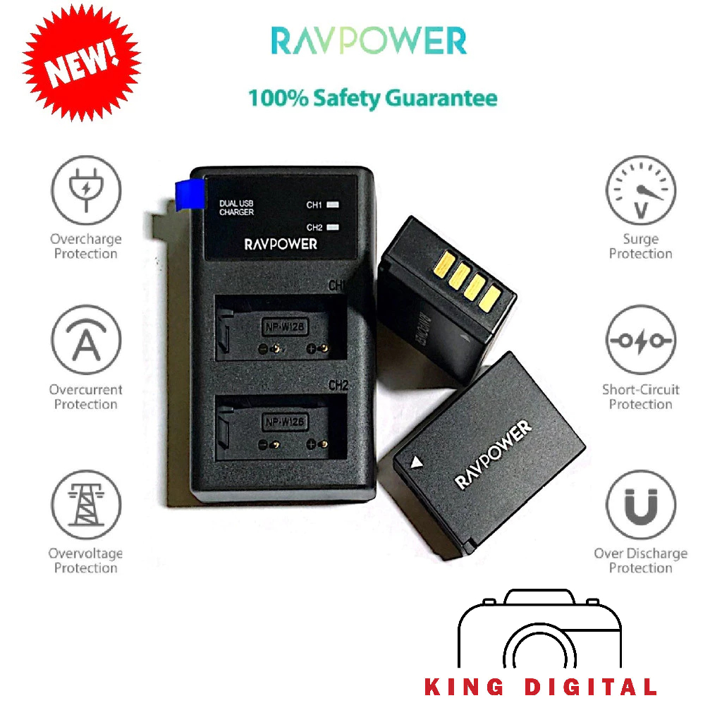 Bộ 2 pin+1 sạc Fujifilm NP-W126S Ravpower dùng cho máy ảnh Fujifilm FinePix, X-A5, X-H1, X-A10, X100