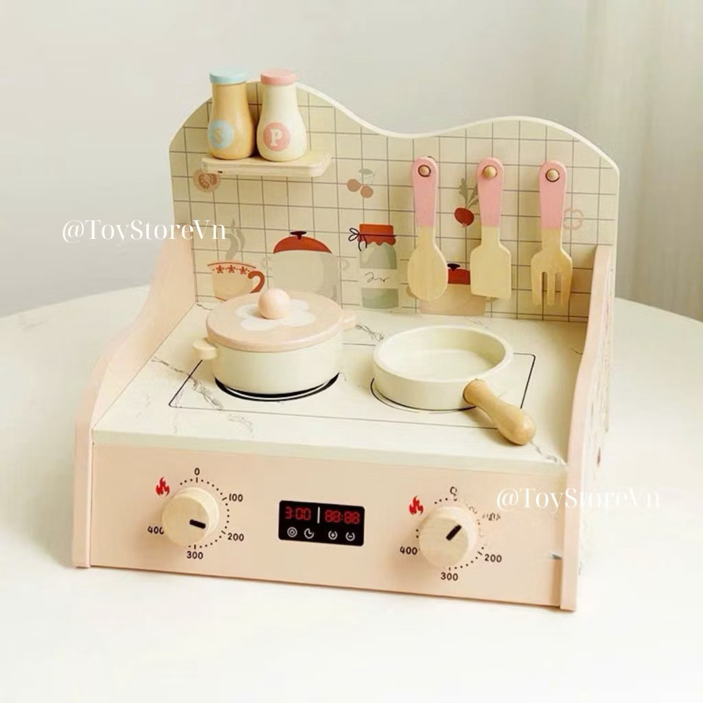 Bộ đồ chơi bếp gỗ cao cấp cho bé toystore Fudaer bếp cao 53cm kèm máy cà phê họa tiết màu hồng pastel dễ thương
